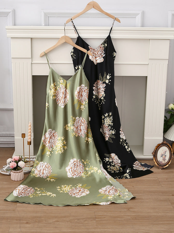 Femme Elegante Florale Satin Maxi Kjole Stilla
