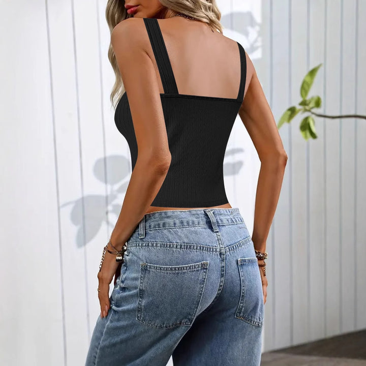 Dame ribstrik top med dekorative knapper Stilla