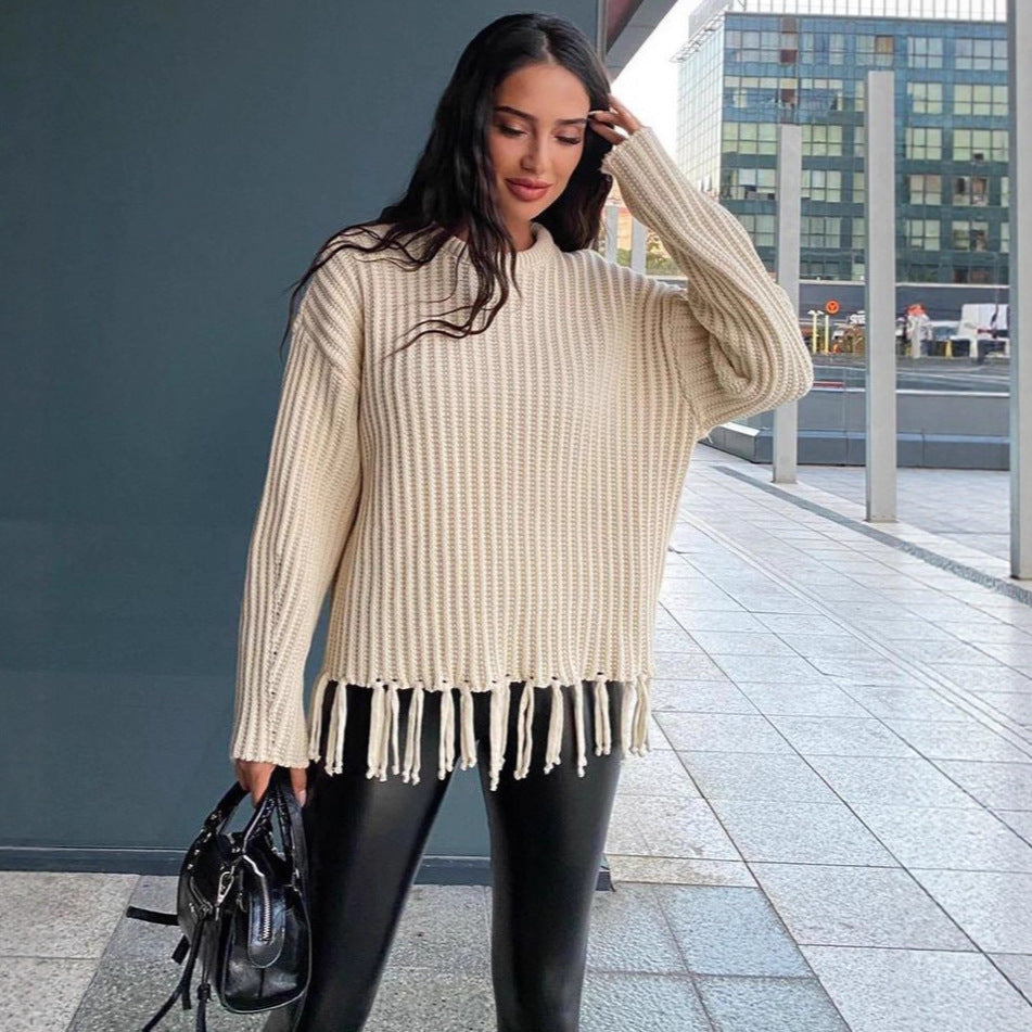 Kvinder Strikket Sweater med Frynser Skovae