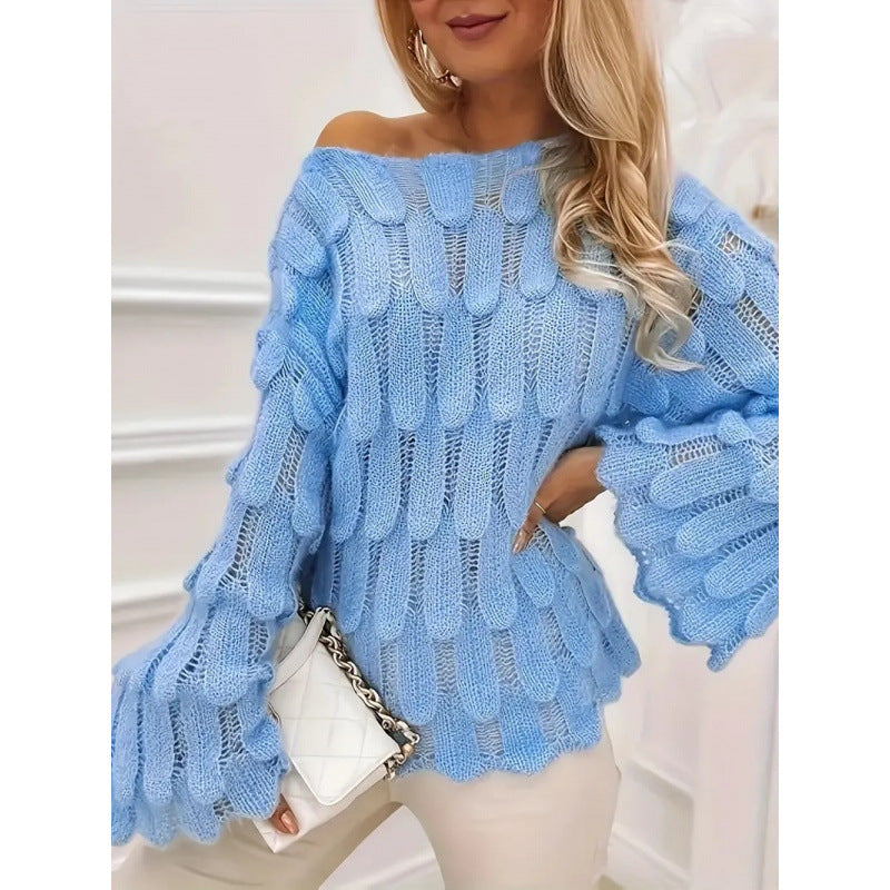 Kvinders strikket sweater med voluminøse ærmer og struktureret mønster Stilla