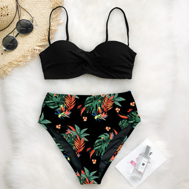 Dame Højtaljet Bikini-Sæt med Rynker og Blomsterdesign Skovae