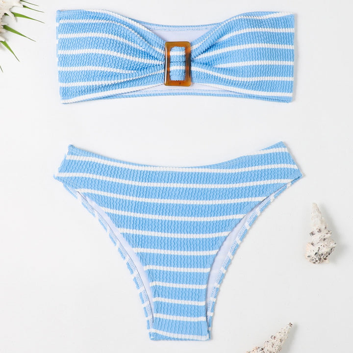 Dame bandeau bikini med moderne stribemønster og dekorativ spænde Skovae