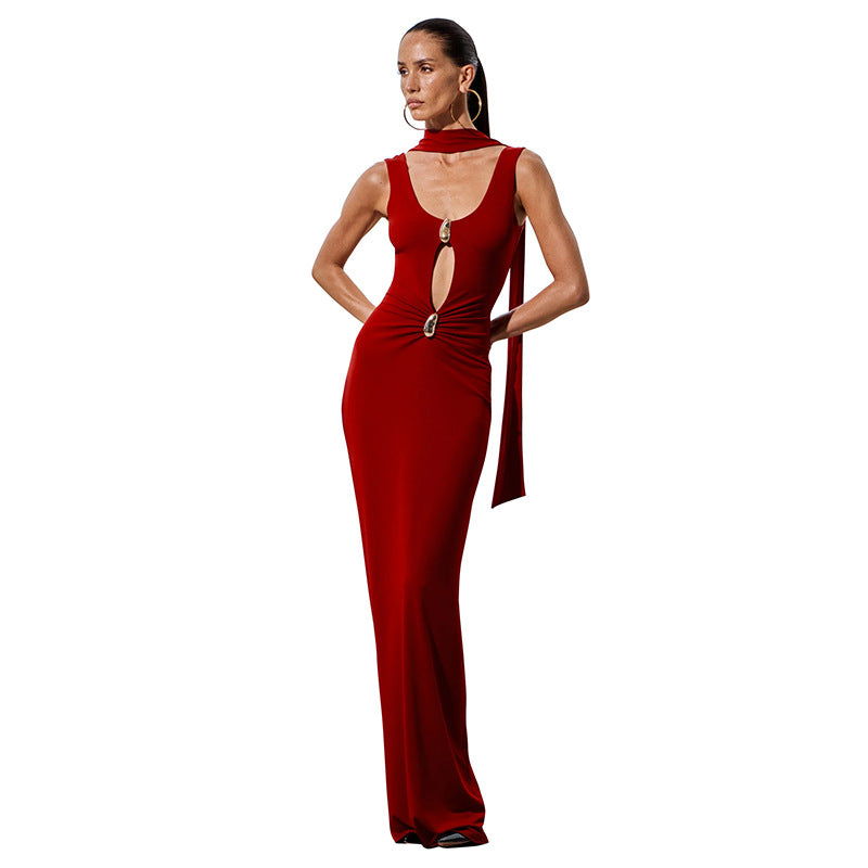 Dame Elegante Cut-Out Maxi Kjole med Choker Detalje Stilla
