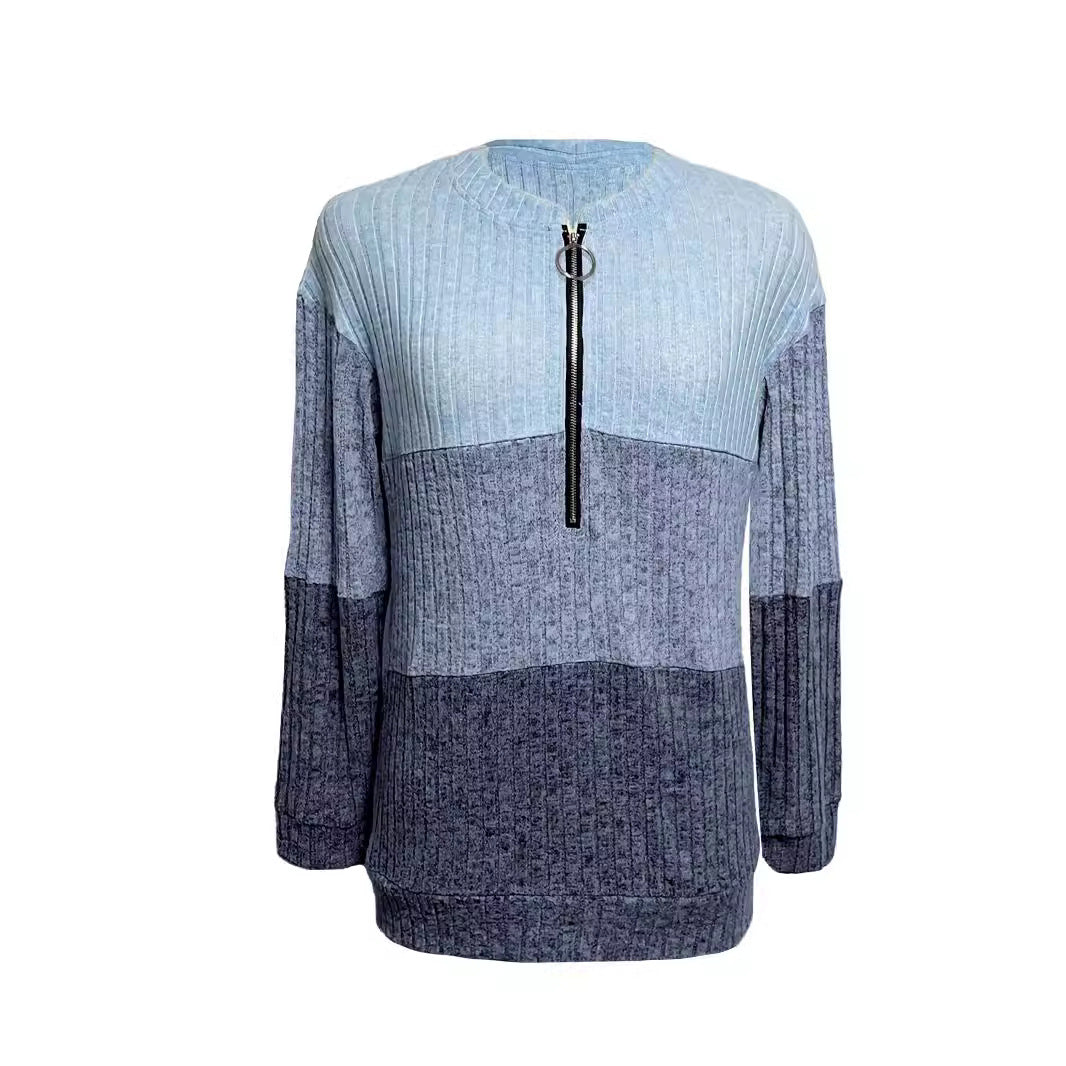 Dame nan ribbet lang pullover med ring lynlås og farveblok struktur Skovae
