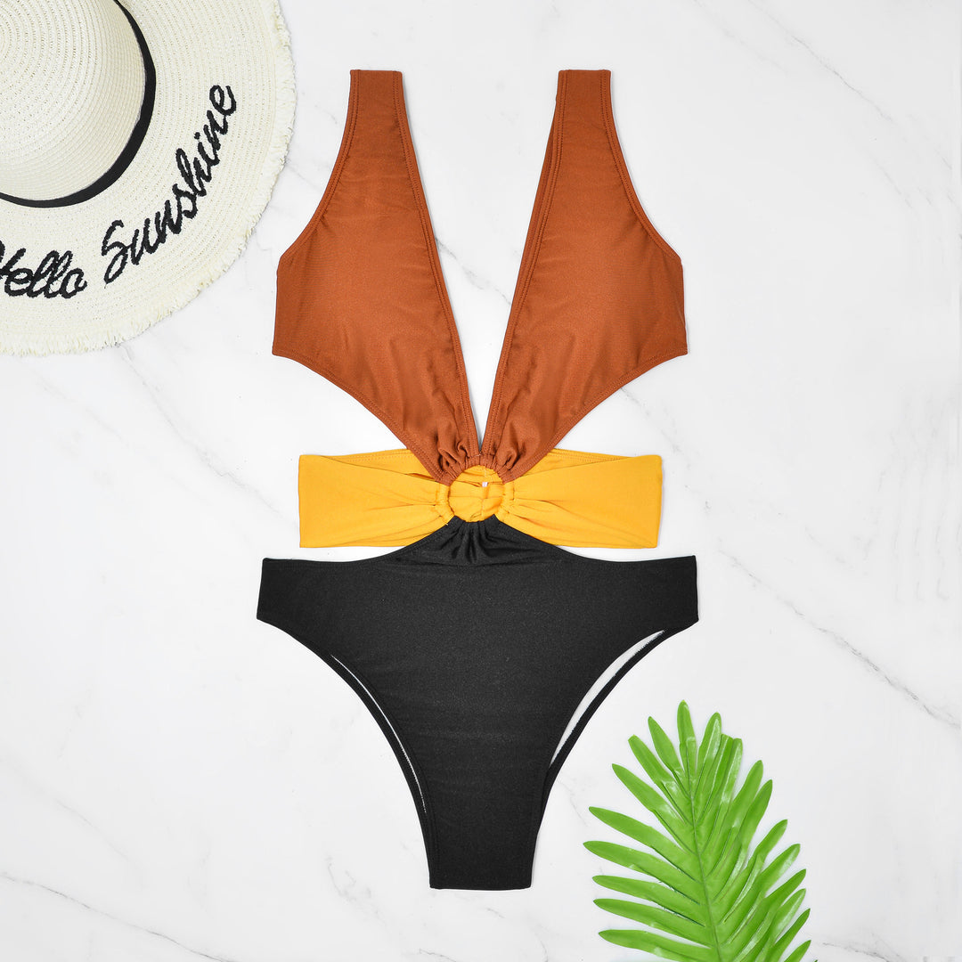 Dame One-Piece Badedragt med dyb V-udskæring og raffineret cut-out Skovae