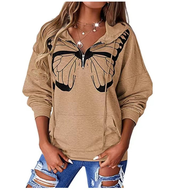 Dame Hoodie med unikt sommerfugletrykt og praktiske lynlåsdetaljer Stilla