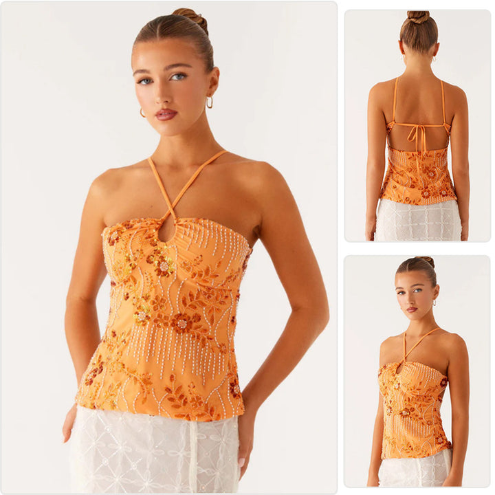 Kvinder Glitrende Bustier Top med Blomsterdesign og Funklende Applikationer
