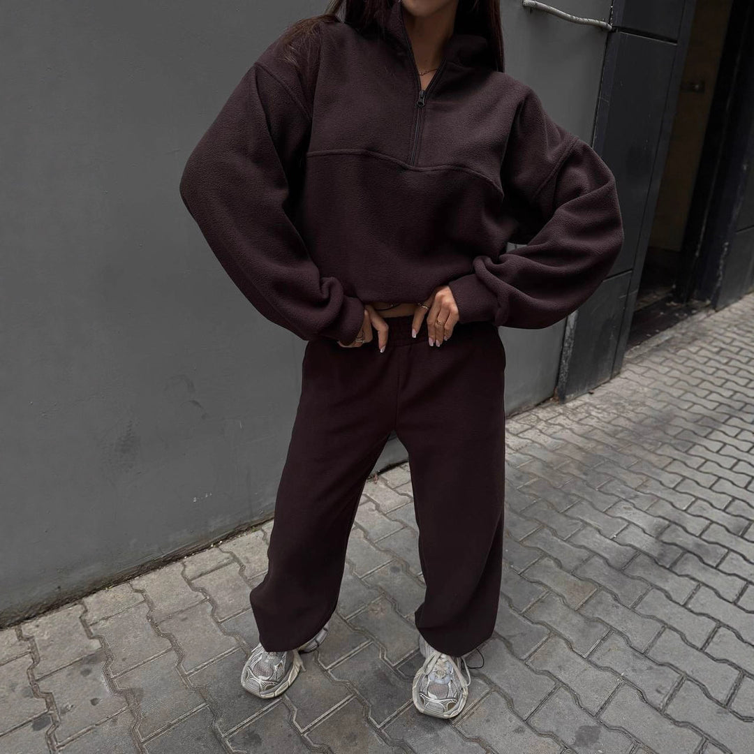 kvinders afslappede fleece træningsdragt med sporty lynlås Skovae