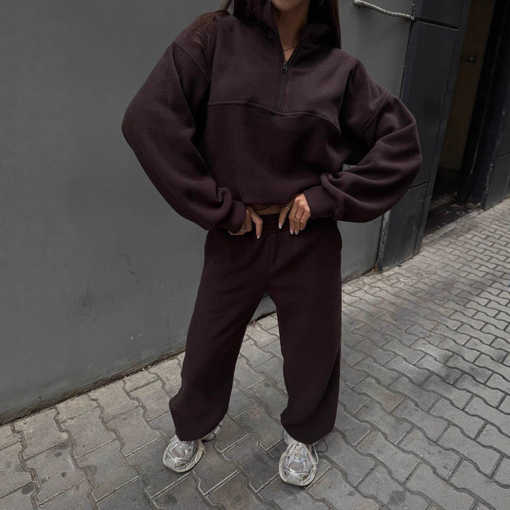 kvinders afslappede fleece træningsdragt med sporty lynlås Skovae
