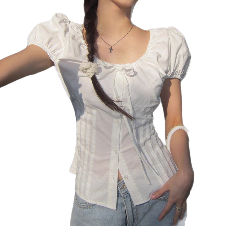 Damen elegante Bluse mit Rüschendetails und Knopfverschluss Skovae