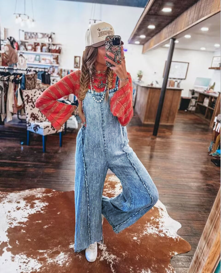 Dame denim overalls med brede ben og praktiske lommer Stilla