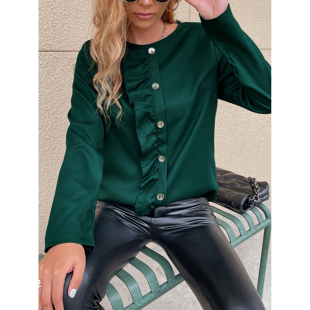 Kvinders elegante bluse skjorte med ruffle detaljer og knap pynt Stilla