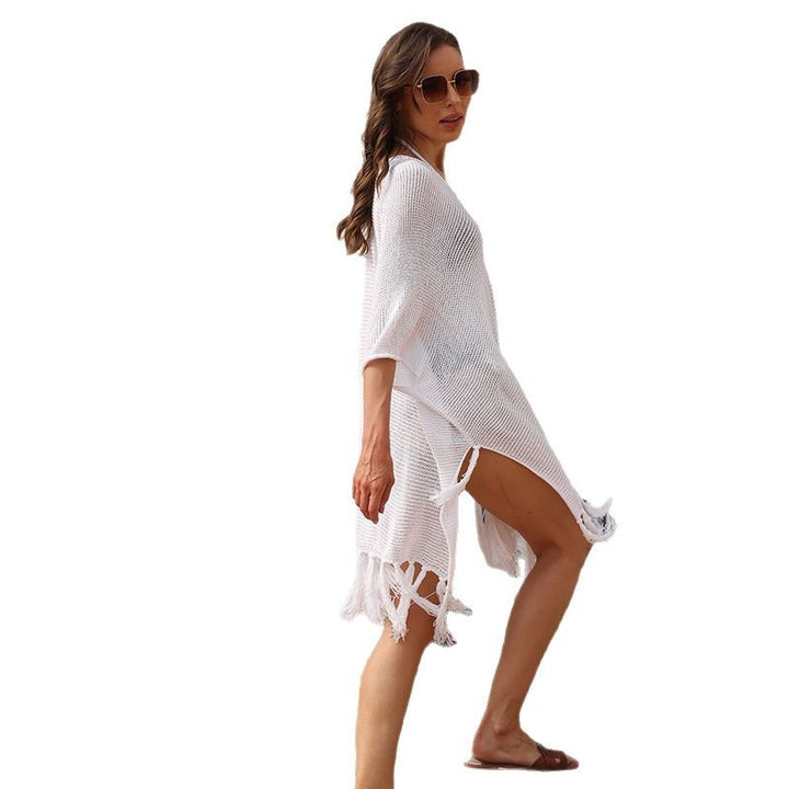 Dame Strandponcho med frynset kant og elegant netværksdesign Stilla