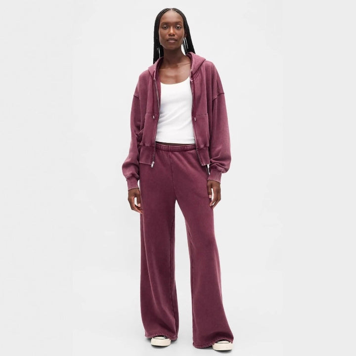 Dame nan to-delt frotté loungewear sæt med lynlås hættetrøje og bredskåren joggingbukser Skovae