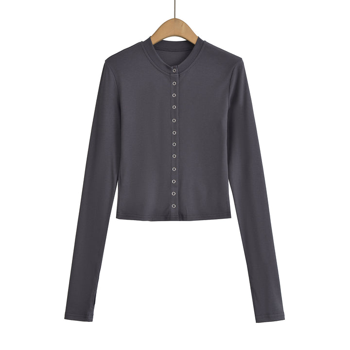 Dame cropped Langærmet skjorte med elegant knapliste og fint ribbet materiale Stilla