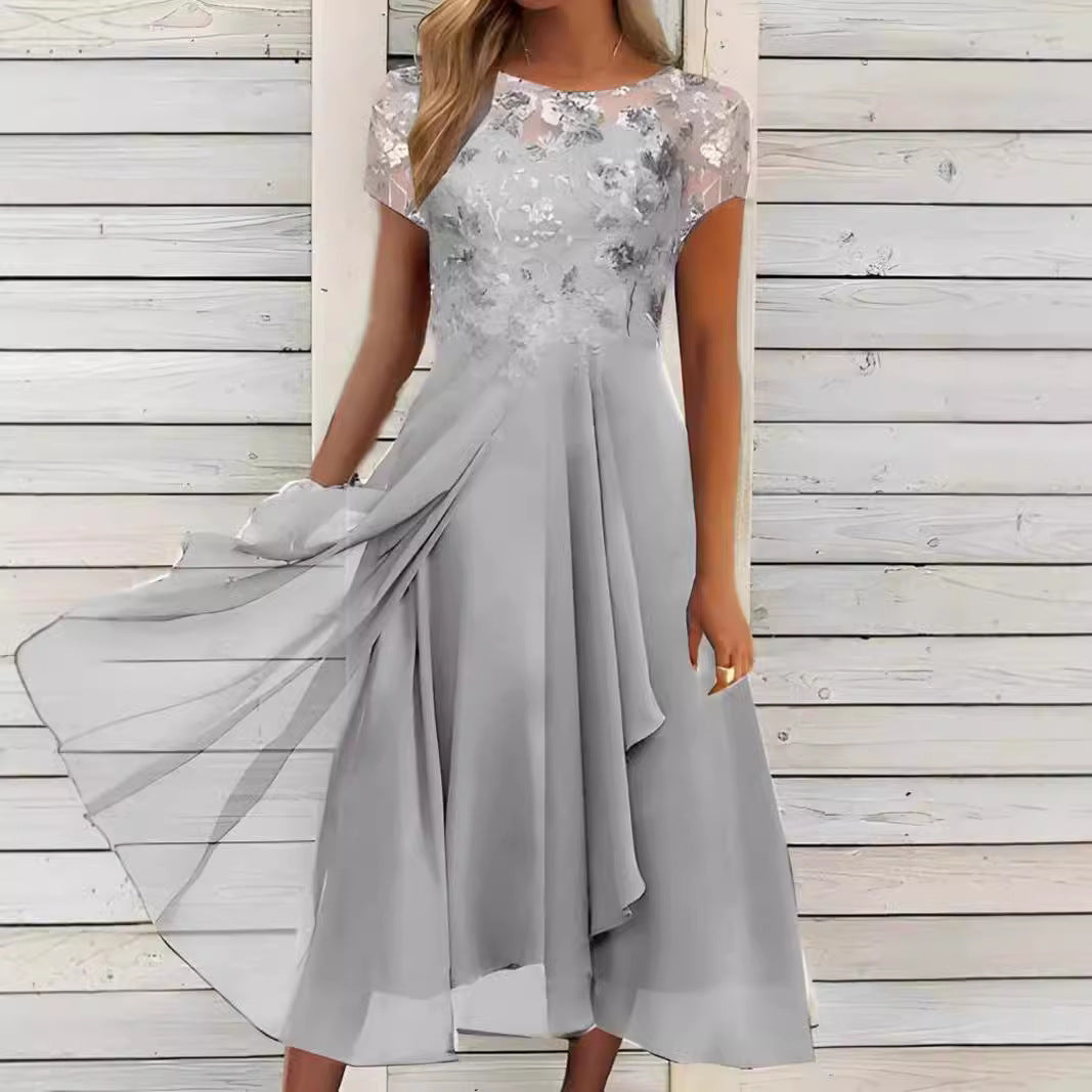Dame nan flydende chiffon-midi kjole med blomsterbroderet overdel og asymmetrisk lagdelt nederdel Skovae