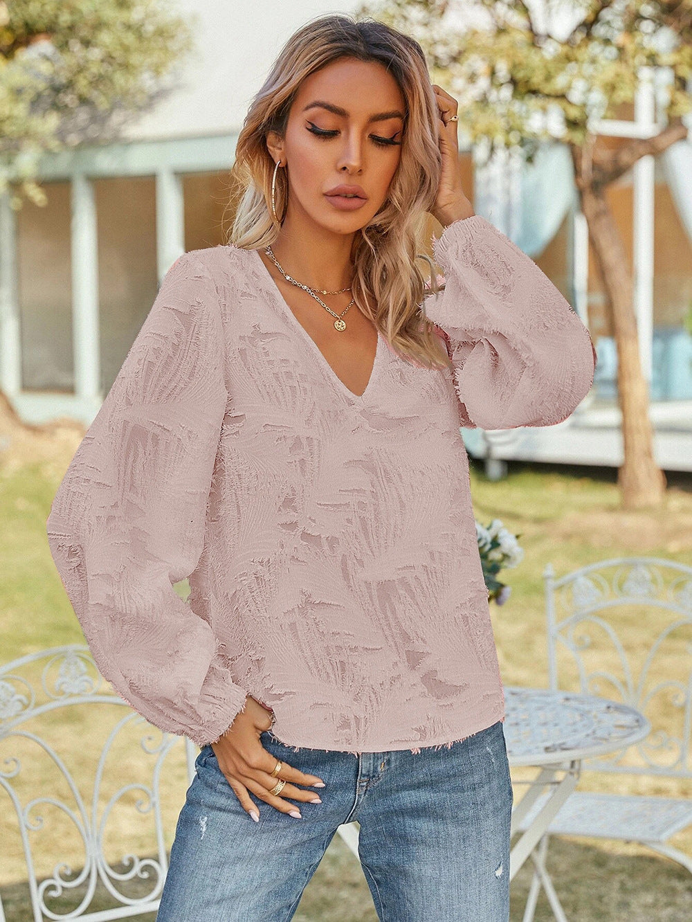 Dame Elegant Bluse med V-Hals og Ballonærmer Stilla