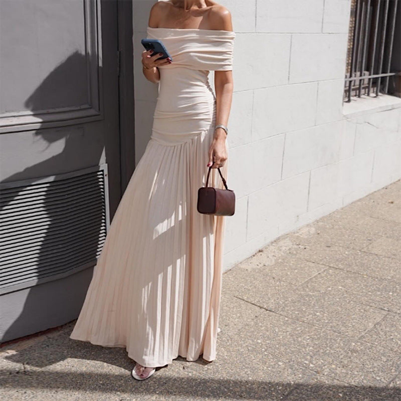 Dame Off-Shoulder Maxikjole med bløde rynker og elastisk talje Stilla
