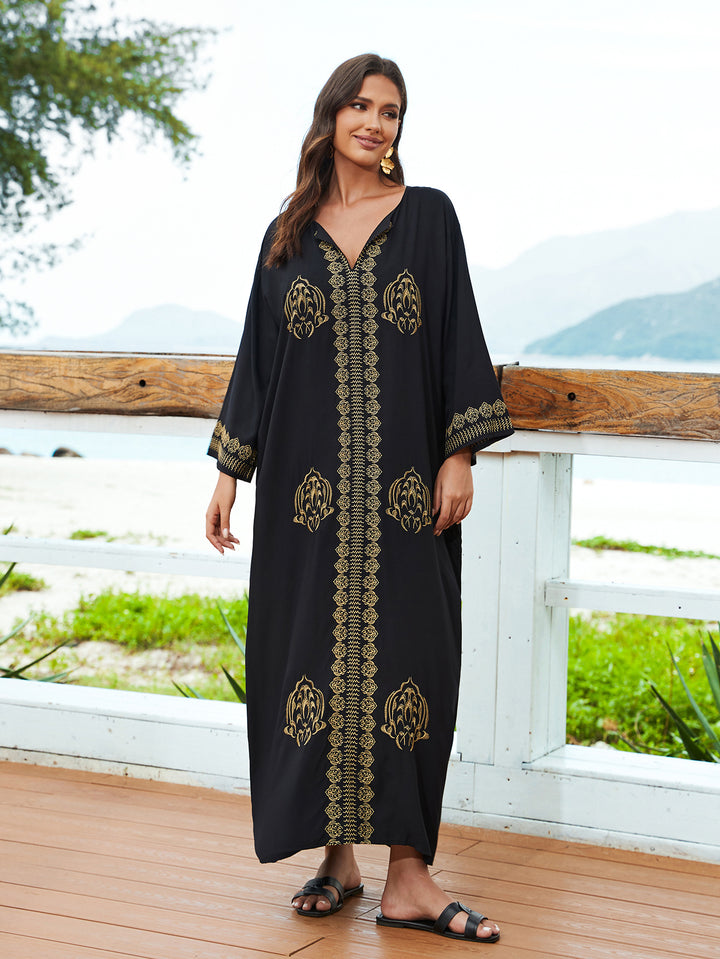 Dame Kaftan med kunstneriske gyldne broderier og elegant snit Stilla