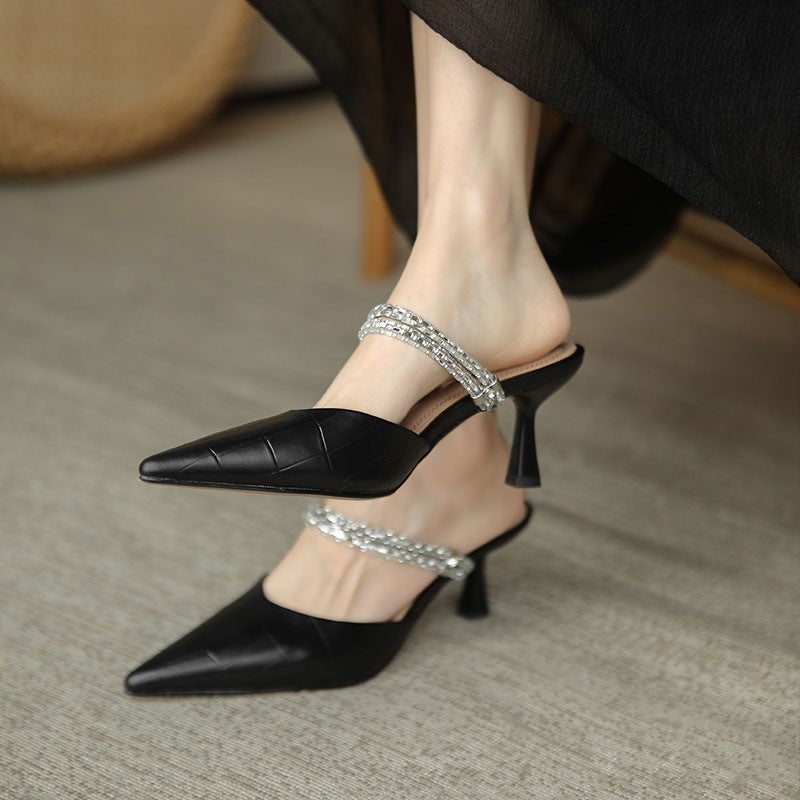Femme Spids Tå Slingback Høje Hæle med Rhinestones Detalje Stilla
