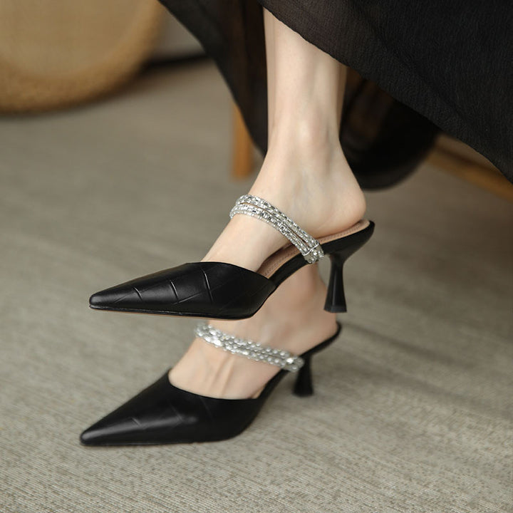 Femme Spids Tå Slingback Høje Hæle med Rhinestones Detalje Stilla
