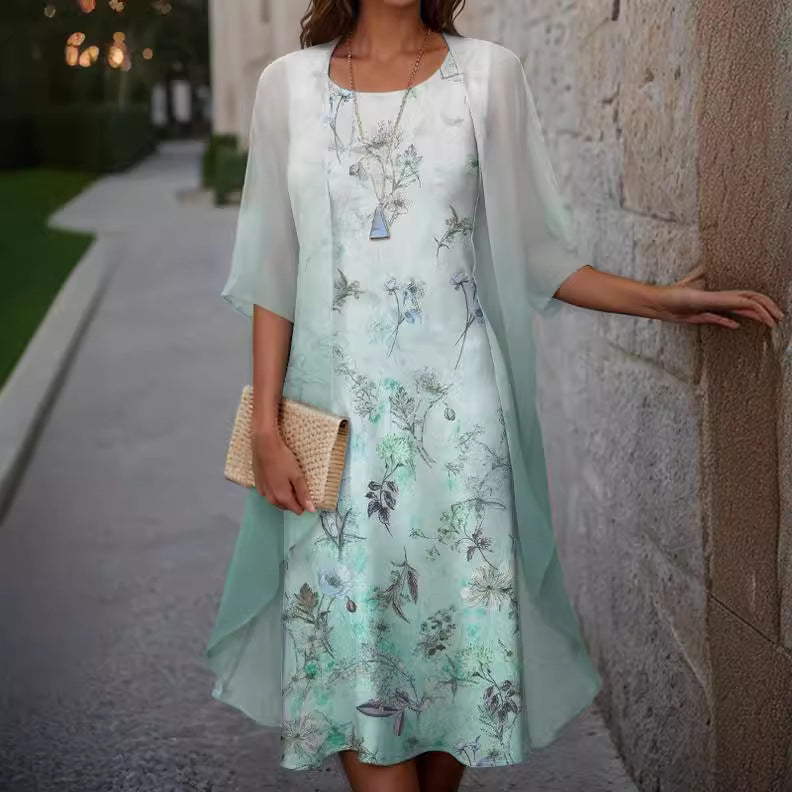 Dame elegant maxikjole med gennemsigtig chiffonoverdel og blomsterprint Stilla
