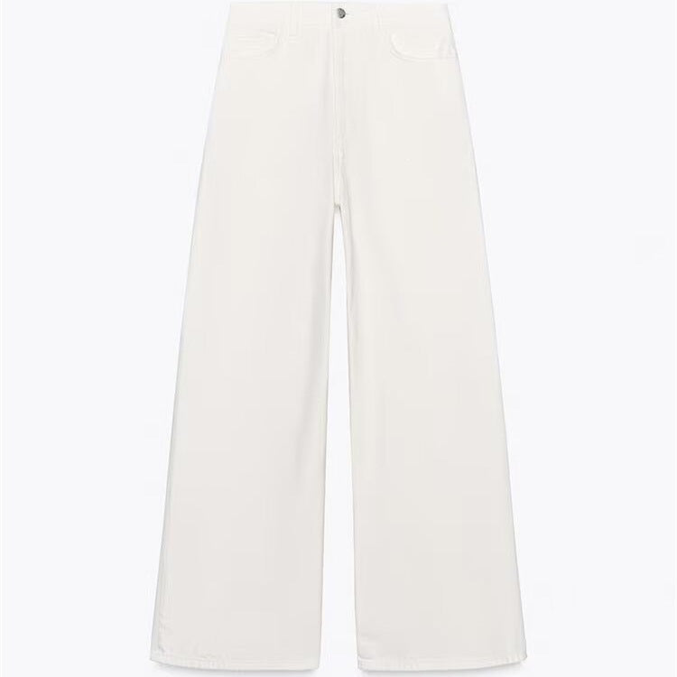 Damer let og struktureret bluse med ballonærmer og vide jeans Skovae