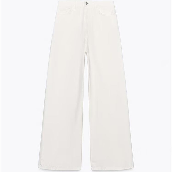 Damer let og struktureret bluse med ballonærmer og vide jeans Skovae