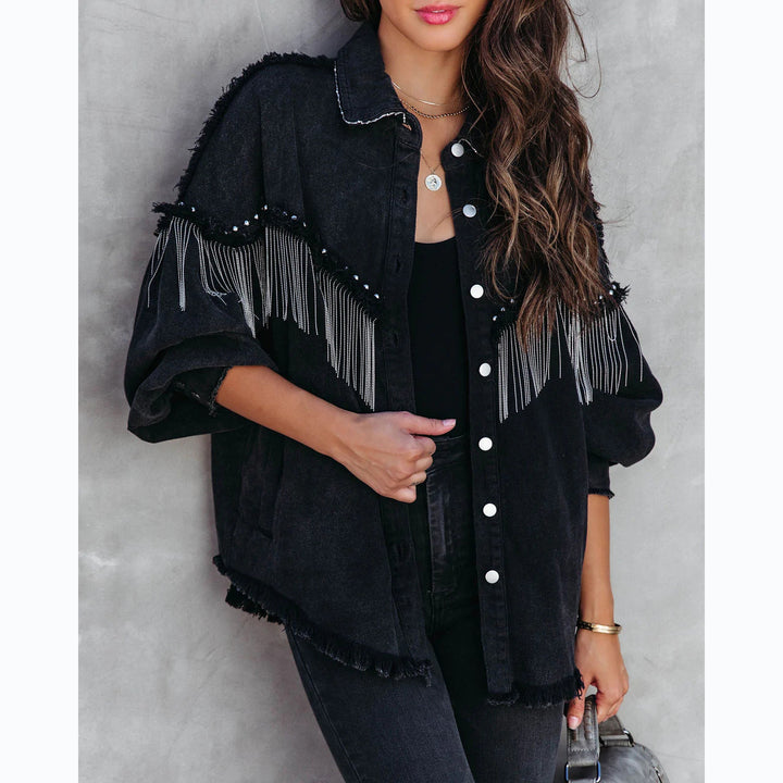 Dame Oversized Denim-Jakke med dekorative frynser og stilfulde perler Stilla