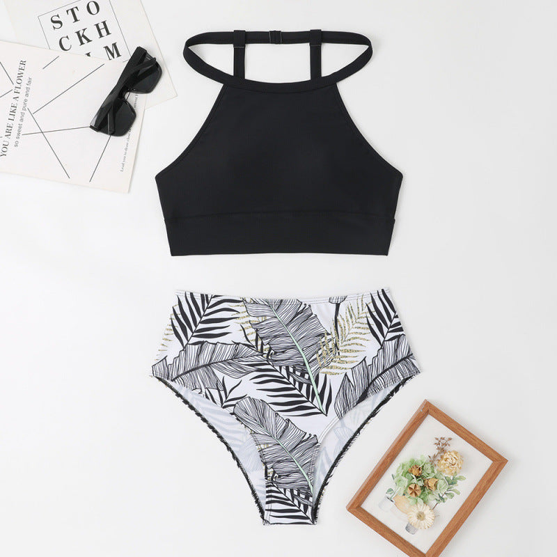 Dame Højtaljeret Bikini-Sæt med raffineret topdesign og unikt bladmønster Stilla