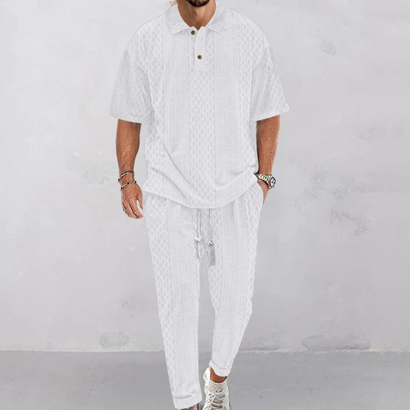 Herrer nan Jacquard-loungewear-sæt med polokrave, snortræk og konisk skåret joggerbukser Skovae