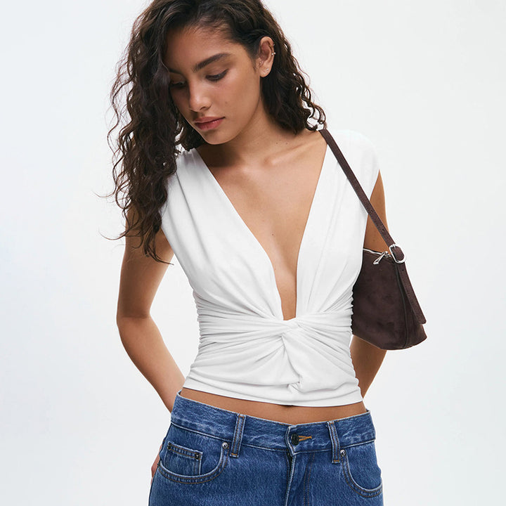 Damen elegantes Wickeloberteil mit tiefem V-Ausschnitt und raffinierter Drapierung Skovae