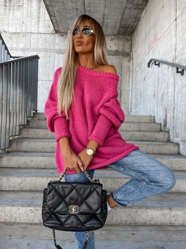 Dame afslappet striktrøje med bred pasform og Off-Shoulder design Stilla