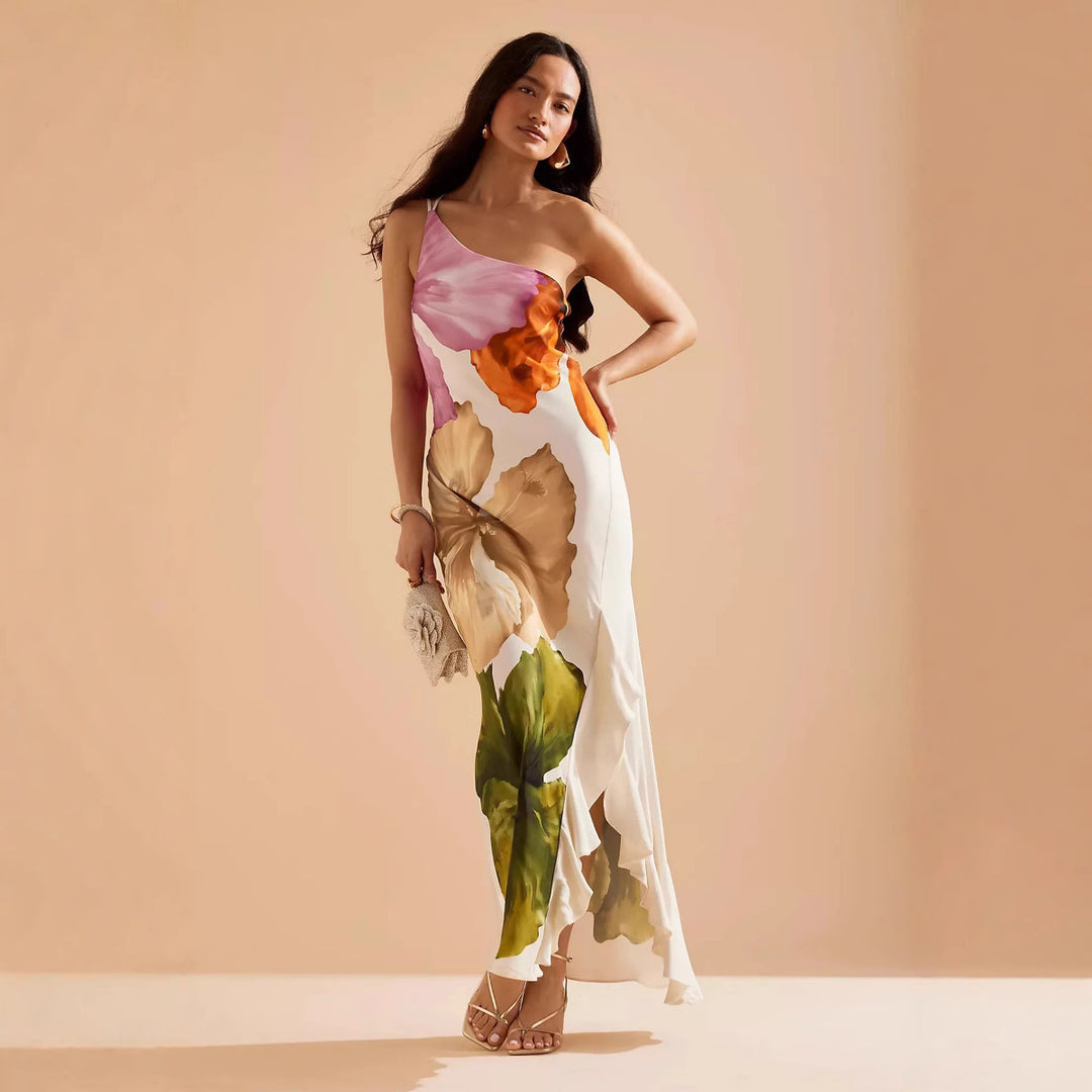 Dame One-Shoulder Maxikjole med blomsterdesign og elegant flæsekant Stilla