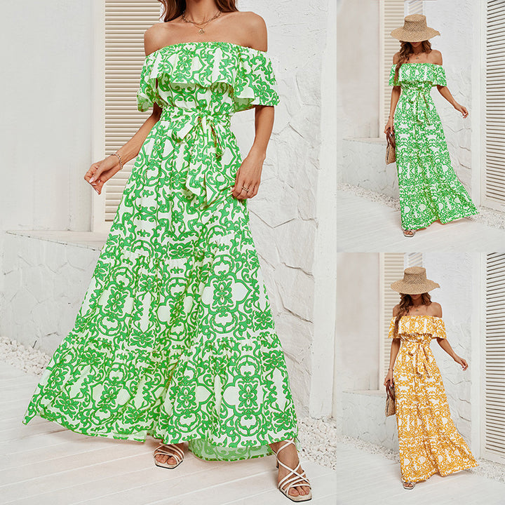 Dame Maxikjole med off-shoulder design og voluminøs flæsekant Stilla