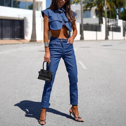 Damer Denim Crop Top med Bred Krave og Matchende Jeans Stilla