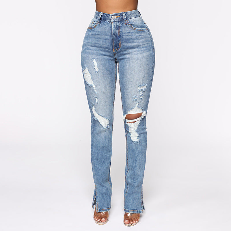 Dame High-Waist Jeans i moderne Destroyed-look Stilla