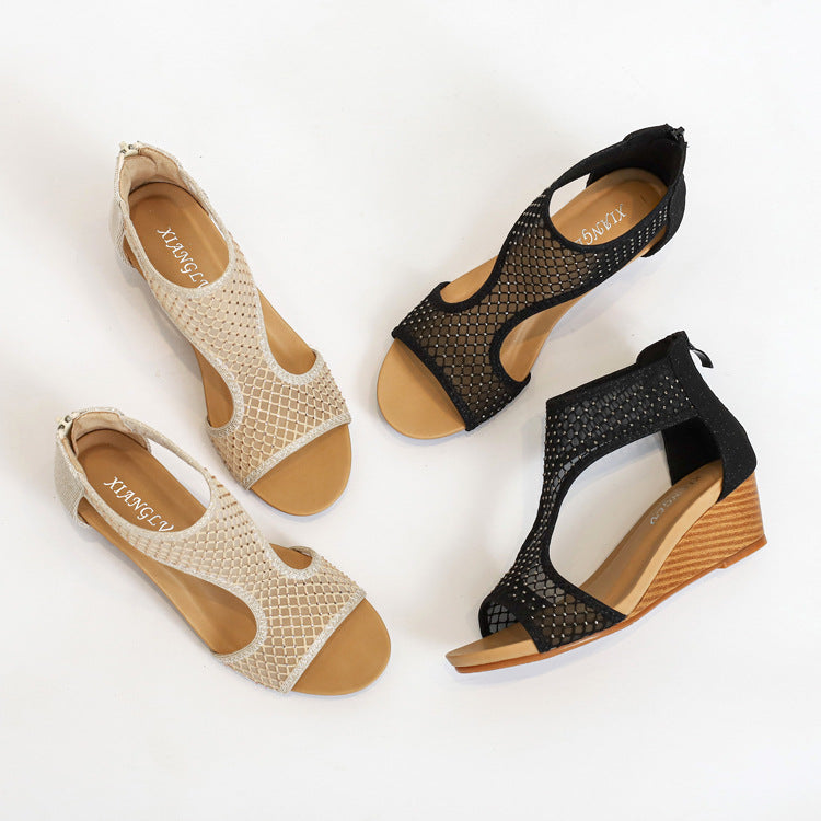 Damer Open-Toe Wedge Sandaler med netmønster og glimmersten-applikationer Stilla