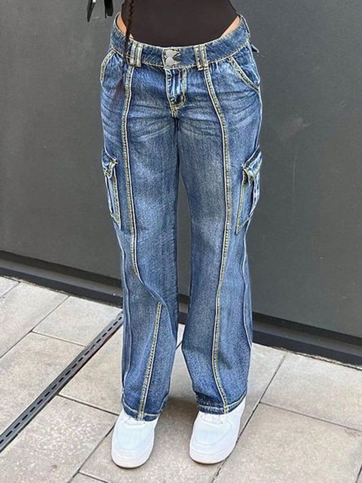 Dame Cargo-Jeans med kontrastfarvede sømme og praktiske sidelommer Stilla