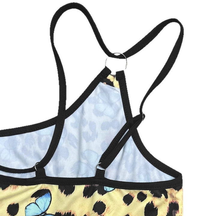Dame Figurtilpasset Leopardkjole med Sommerfuglemønster og Spaghettistropper Stilla