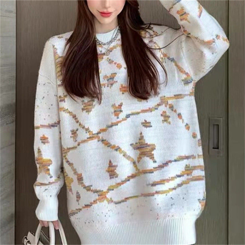 Dame moderigtige strikkede sweater med kreativt mønster Stilla