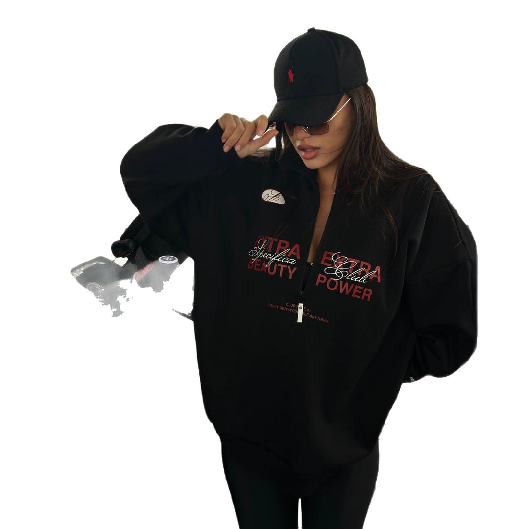 Dame Oversized Zip Sweater med kreativ tekst og moderne design Stilla