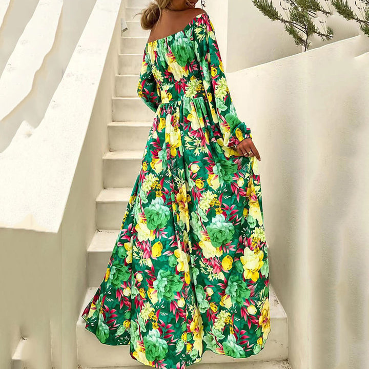 Dame Maxi-kjole med tropisk blomsterdesign og skulderfri design Stilla