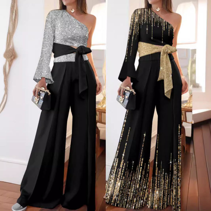 Dame festligt outfit med glitrende overdel og bred bukse Stilla