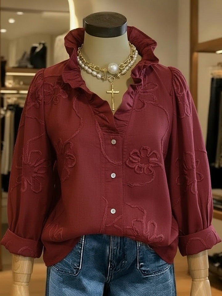 Dame elegant bluse med florale broderier og voluminøse ærmer Skovae