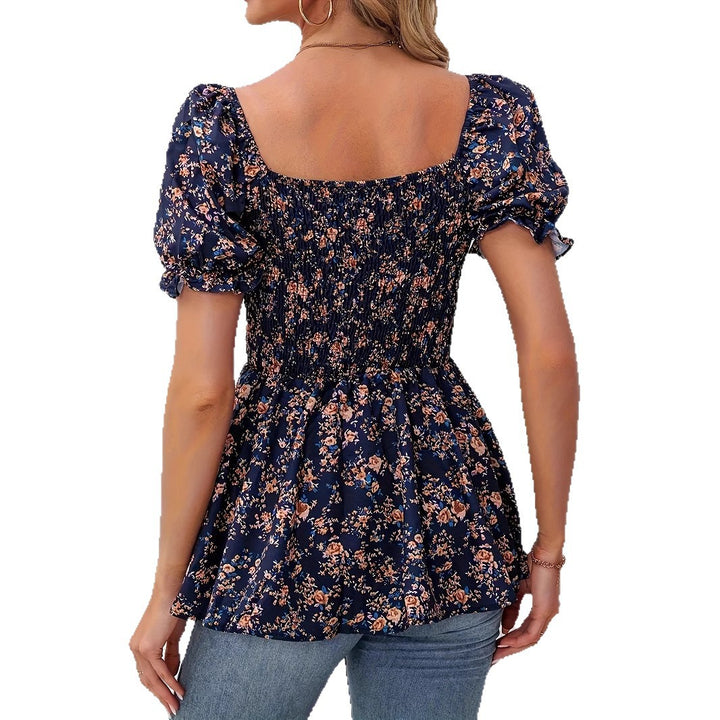 Dame blomsterprint bluse med puffærmer og rynket overdel Stilla
