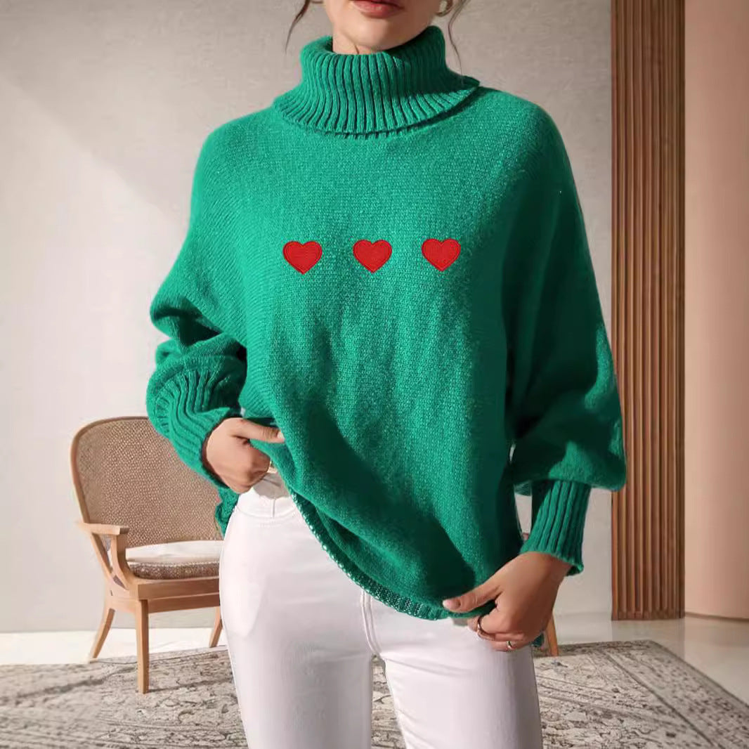 Kvinders sweater med høj krave og legende hjerteapplikationer Stilla