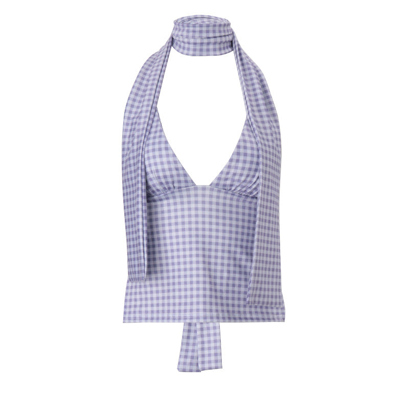 Dame halterneck top med fordelagtig snit og ternet design Stilla