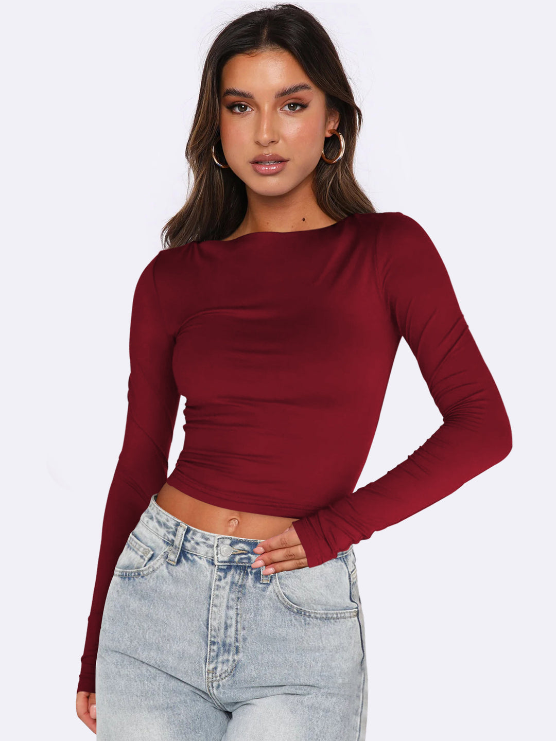 Dame Langærmet Crop-Top med figursyet snit og strækbart materiale Stilla