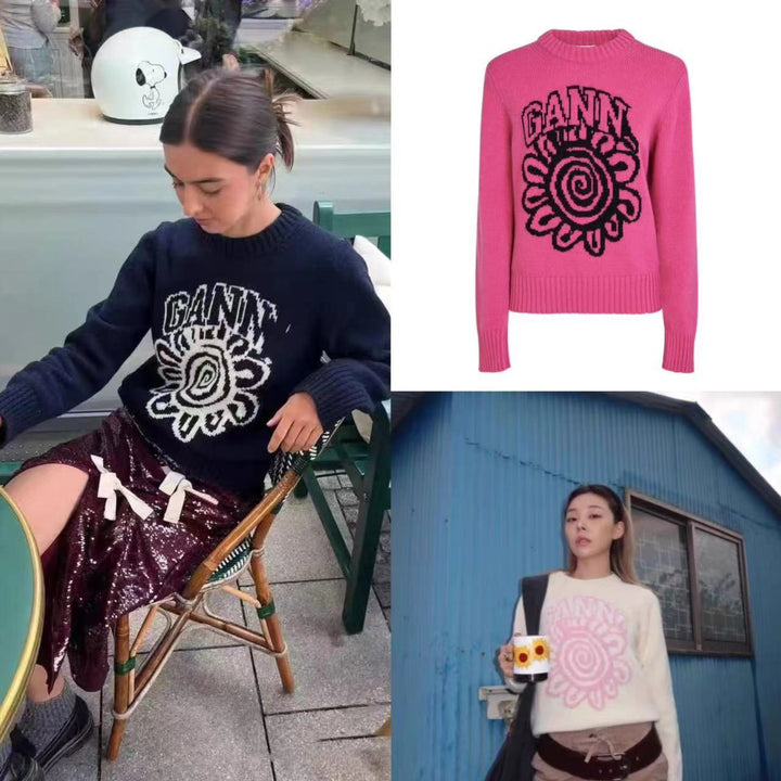 Dame strikpullover med kreativt grafikmønster og høj krave Stilla